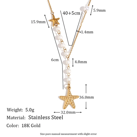 Collar De Perlas Artificiales Y Estrella De Mar Asimétrico Acero Inoxidable Colgante Océano Texturizado Joyería De Moda Para Mujer