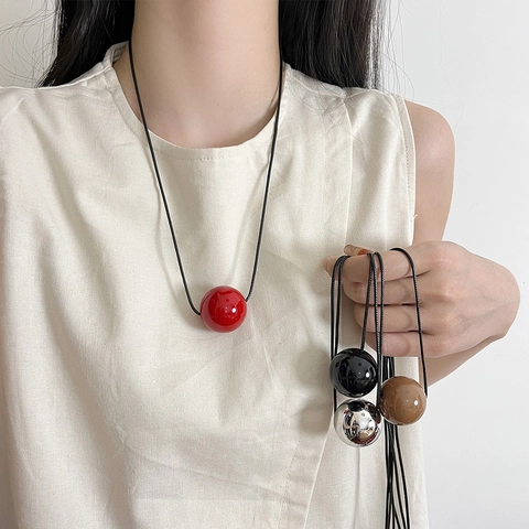 Minimalist Geometric Ball Heart Pendant Long Necklace Alloy Wood Synthetic Leather Rope Sweater Chain Jewelry For Women