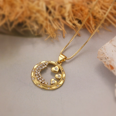 Collana con Pendente Geometrico a Stella e Cuore Cavo in Rame Placcato Oro 18K Zirconia Catena Minimalista da Donna Gioielli di Moda