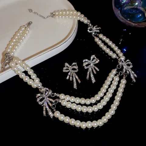 Elegant Bowknot Layered Artificial Pearl Necklace And Butterfly Rhinestone Earrings With 925 Sterling Silver Earring Post For Women