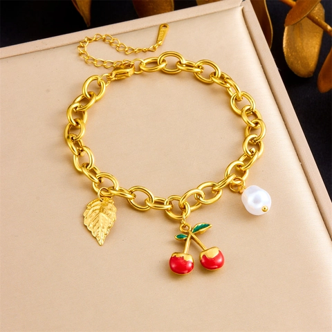 Bracciale Con Charms In Acciaio Inossidabile Catena Grossa Oro Perla Artificial Ciliegia Pendente Foglia Gioielli Regolabili Da Donna