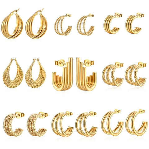 Edelstahl Mehrlagige Gedrehte C-Förmige Creolen Für Damen Goldvergoldet Geometrischer Modeschmuck Minimalistisch