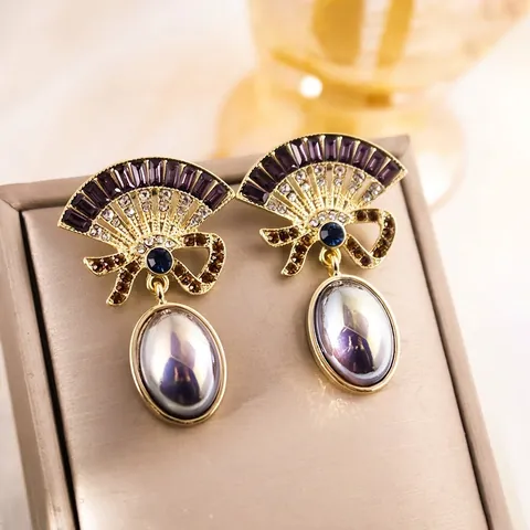 Pendientes Colgantes De Abanico Vintage Con Perla Artificial De Imitación Lazo Cristal Violeta Y Poste De Plata Estilo Palacio Retro