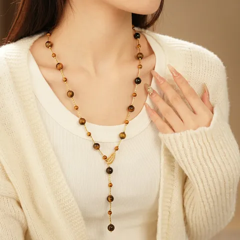 Tigerauge Stein Lange Quaste Halskette Kupfer Zirkon Blatt Anhänger Y-Form Pullover Kette Für Damen Retro Elegant