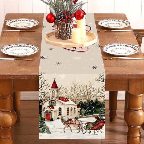 Christmas Table Runner Polyester Retro Snow Scene Sled Church Print Festive Dining Party Decor