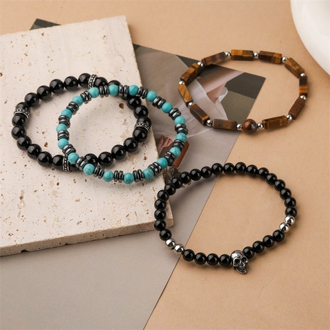 Men Beaded Bracelet Natural Tiger Eye Stone Turquoise Agate Skull Handmade Fashion Jewelry Elastic Stretch Wristband