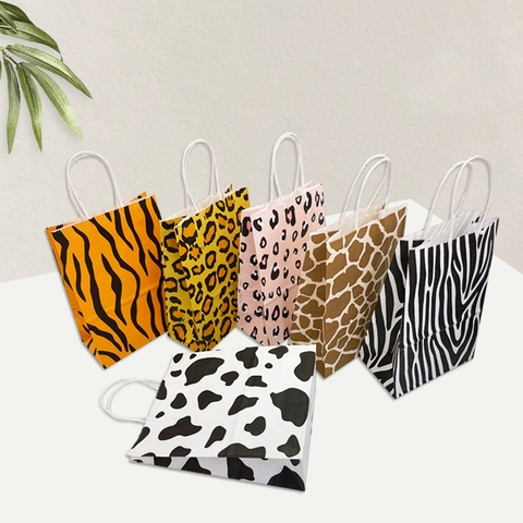 Kraftpapier Tierdruck Geschenktüte Mit Griff Leopard Zebra Kuh Giraffe Textur Handtasche Party Mitbringsel Papier Einkaufstüte