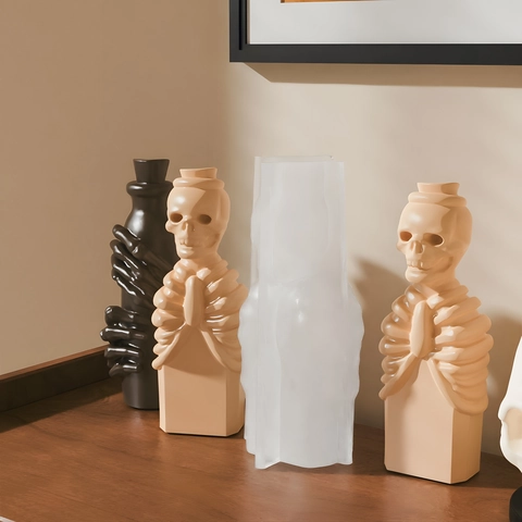 Stampo In Silicone Fai Da Te Per Bottiglia Avvolta Da Mano Di Scheletro Di Teschio E Scheletro In Preghiera Ornamento Vaso Gesso