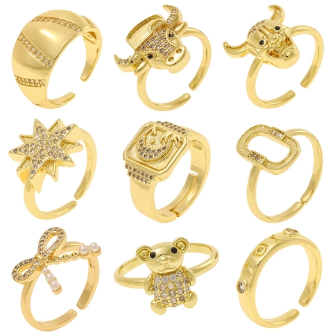 Anillos Ajustables Abiertos Para Mujer Cobre Chapado En Oro Circón Perla Artificial Geométrico Cabeza De Toro Estrella Elegante