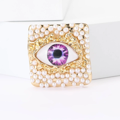 Square Evil Eye Pearl Brooch Pin Vintage Gold Plated Alloy With Imitation Pearl Inlay For Suit Sweater Men Women Corsage