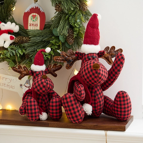 Poupée En Peluche Renne De Noël Tissu À Carreaux Ornement Bonnet En Tricot Rouge Écharpe Décoration De Table Maison