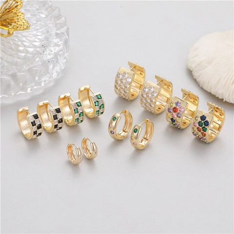 Pendientes De Aro De Lujo Franceses Cobre Circonita Colorida Patrón De Tablero De Ajedrez Joyas De Moda Para Mujer