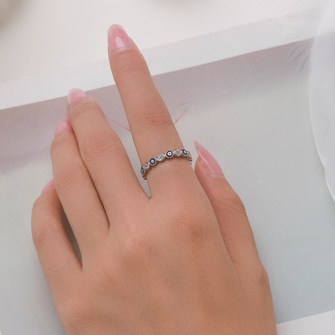 925 Sterling Silber Böser Blick Ring Für Frauen Blau Emaille Zirkonia Ewigkeit Band Funkelnd Minimalistischer Schmuck Geschenk