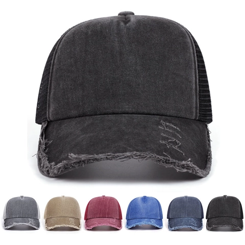 Vintage Washed Cotton Denim Trucker Hat Distressed Διαπνέον Δίχτυ Καπέλο Του Μπέιζμπολ Ρυθμιζόμενο Casual Streetwear