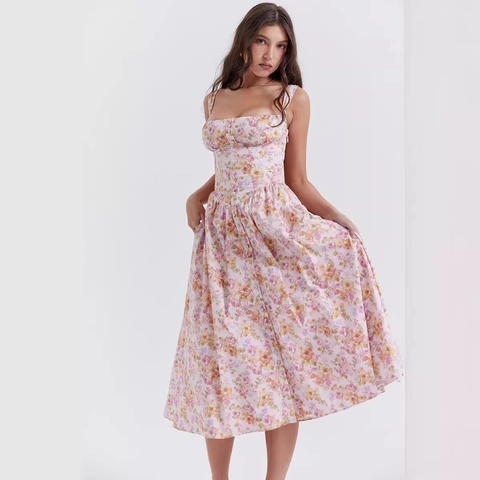 Women Floral Print Midi Dress Spaghetti Strap A-Line Sleeveless Polyester Button Front Cottagecore Holiday Apparel