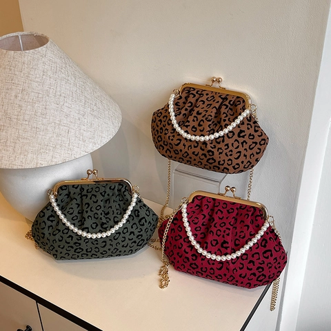 Vintage Umhängetasche Mit Leopardenmuster Stoff Künstliche Perlen Griff Metallkette Plissee Retro Elegante Handtasche Damen