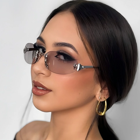 Vintage Oval Rimless Sunglasses With Star Metal Decoration Y2K Millennial Punk Style UV400 Protection