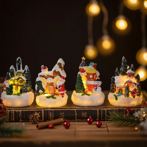 Christmas Luminous Resin House Miniatures LED Warm Light Desktop Ornaments Santa Claus Snowman Micro Landscape Decor