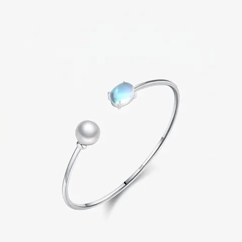 Eleganter 925 Sterling Silber Mondstein Künstliche Perle Offener Armreif Für Damen Minimalistisch Verstellbares Mode Armband Schmuck