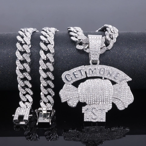 Hip Hop Pendant Necklace Alloy Rhinestone Get Money 1ST Iced Out Cuban Link Chain Jewelry For Men Women