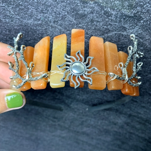 Natural Kristall Krone Stirnband Mit Silber Metall Sonne Und Baum Zweige Handgemachte Bohème Hexe Tiara Für Frauen