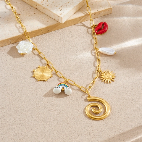 Multi Charm Pendant Necklace 304 Stainless Steel Sun Rainbow Red Lips White Flower Artificial Pearl Chic Style Jewelry For Women