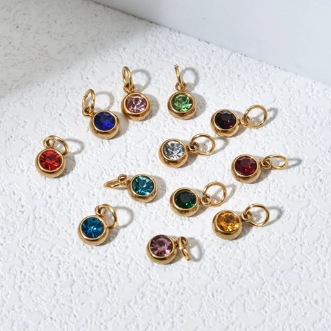 Stainless Steel Birthstone Pendant Round Zircon Charm For DIY Jewelry Making Necklace Bracelet Accessory Elegant Simple