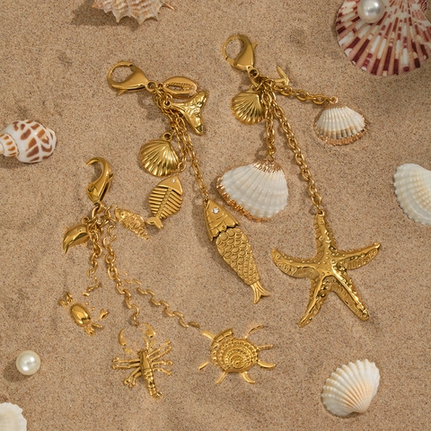 Llavero Temático Del Océano Acero Inoxidable Chapado En Oro Amuleto De Bolso Náutico Colgante De Estrella De Mar Concha Moda