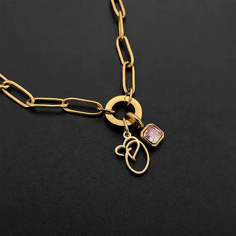 Roestvrijstalen Letterketting Voor Dames 14K Verguld Paperclipketting Hart Letterhanger Roze Strass Sieraden