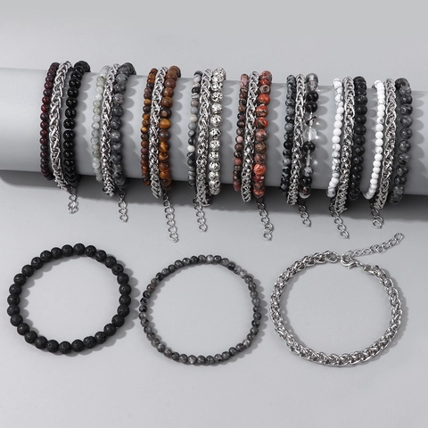 Natural Stone Beaded Bracelet Titanium Steel Link Chain Retro Geometric Jewelry Accessory For Men Boys