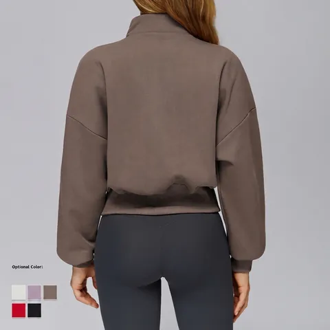 Felpa Donna Con Mezza Zip Pile Polare Oversize Pullover Maniche Lunghe Sportiva Tinta Unita Collo Alto