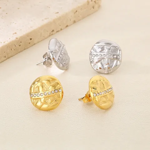 Roestvrijstalen Ronde Knopoorbellen Met Strass Geplooide Textuur Geometrische Sieraden Voor Dames