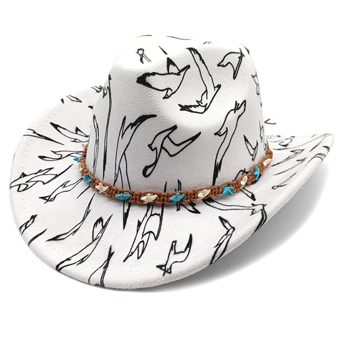Ethno Western Cowboyhut Mit Möwendruck Breite Krempe Sonnenhut Mit Seestern Geflochtenem Band Outdoor Urlaub Fedora Für Damen Herren