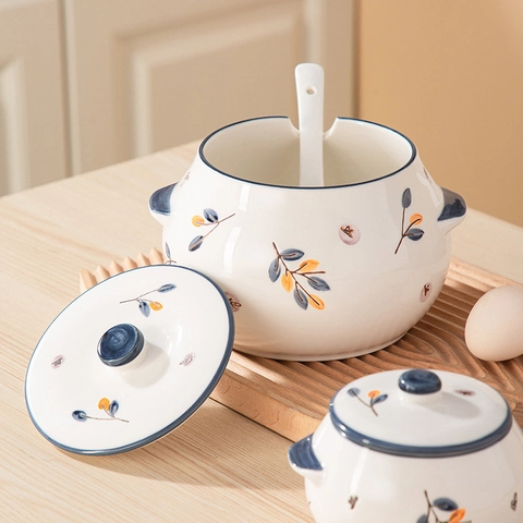 Ceramic Lard Storage Jar With Lid And Spoon Heat Resistant Seasoning Container Japanese Hand Painted Floral Design