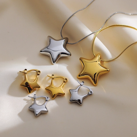 Collana A Catena Di Serpente Stella Pentagramma 3D In Acciaio Inossidabile Lucidato Placcato Oro E Orecchini A Stella