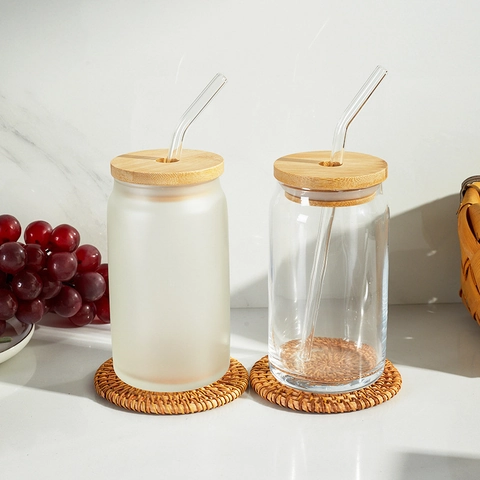 Minimalist Soda Can Shaped Soda-Lime Glass Cup With Bamboo Lid And Glass Straw Frosted Clear Large Capacity Water Bottle Drinkware