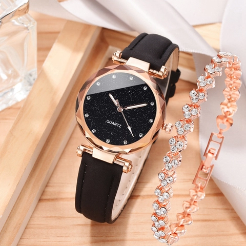 Women Quartz Watch Starry Sky Dial Faceted Glass Lens Rhinestone Markers PU Leather Strap Fashion Wristwatch And Bracelet