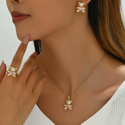 Teddy Bear Necklace Earrings And Ring Gold Plated Stainless Steel Heart Pink Zirconia Micro Pave Sweet Elegant For Women
