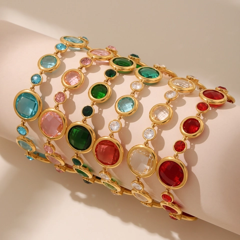 Round Faceted Czech Glass Bracelet Gold Plated Stainless Steel With Zircon Adjustable Chain Fashion Jewelry For Women