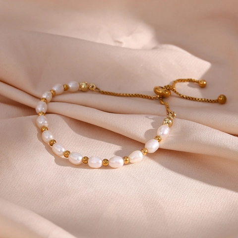 Adjustable Stainless Steel Freshwater Pearl Bracelet For Women Gold Plated Simple Elegant Minimalist Bracelet Jewelry Gift