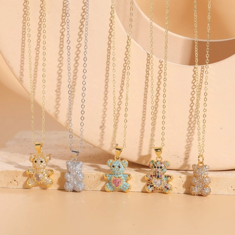 Bear Pendant Necklace Copper With Heart Zircon Pave Fashion Elegant Jewelry For Women