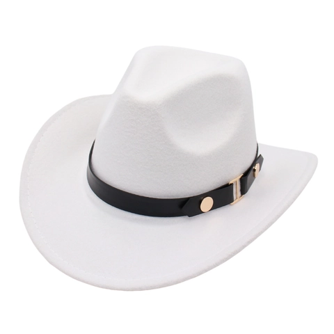 Western Cowboy Hat Wide Brim Polyester Felt Fedora With Faux Leather Belt Buckle Vintage Jazz Style For Men Women
