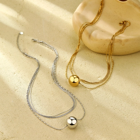 Collier Pendentif Boule Ronde Multicouche en Acier Inoxydable Minimaliste pour Femmes Bijoux Polis Miroir Plaqué Or Argent 18K