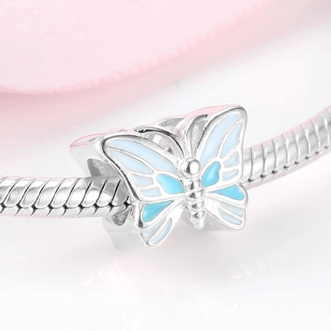 Charm Farfalla Blu Perlina Argento Sterling 925 Smalto Animale Accessorio Per Creazione Bracciali Fai Da Te