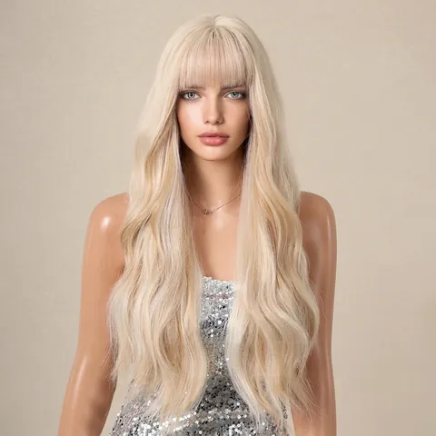 Long Wavy Wig With Bangs Synthetic Heat Resistant Fiber Natural Hair For Women Daily Party Cosplay Fashion