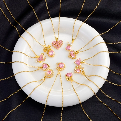 Collana Con Pendente A Cuore In Zircone Rosa Placcata Oro Acciaio Al Titanio Fiocco Luna Coniglio Gioielli Romantici Da Donna