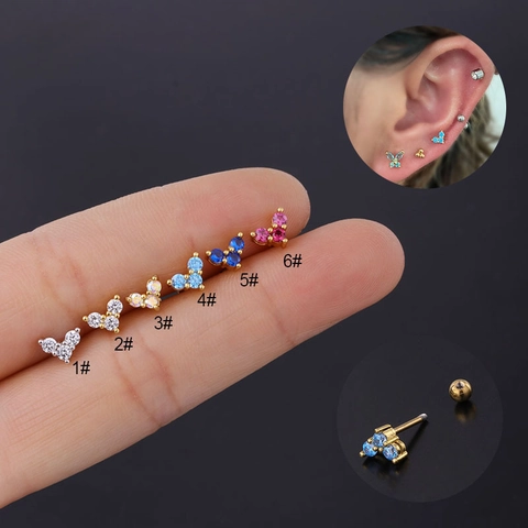 Mini Trinity Cartilage Stud Earrings Stainless Steel Post Colorful Cubic Zirconia Screw Ball Back Helix Piercing Jewelry For Women