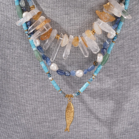 Bohemian Natural Stone Crystal Beaded Necklace For Women Stainless Steel Fish Pendant Artificial Pearl Jewelry Necklace