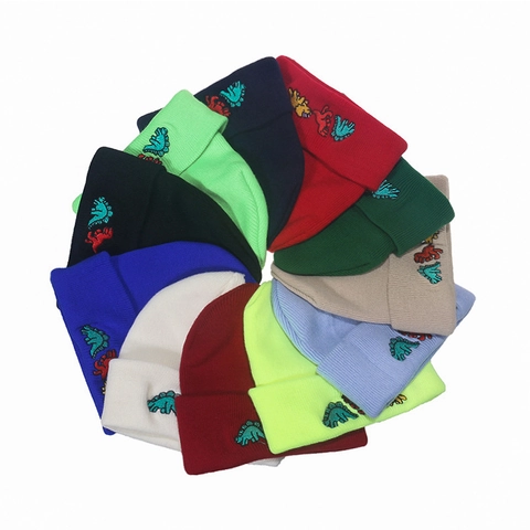 Dinosaur Embroidery Knitted Beanie Hat Warm Winter Ribbed Cuffed Cap For Men Women Casual Outdoor