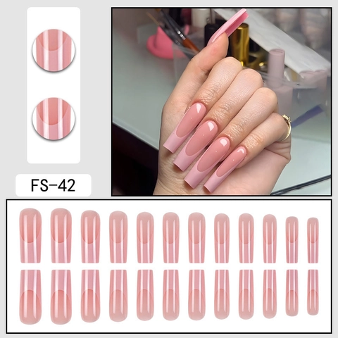 Unghie Finte Press On French Tip Lunghe Forma Bara Sfumatura Rosa Nude ABS Lucido Per Donne